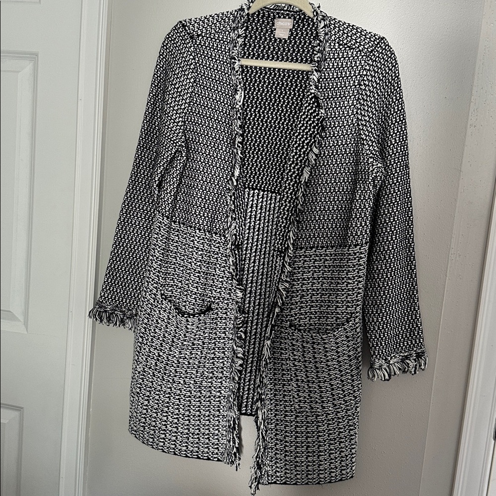 Chico's Monochrome Textured Fringe Cardigan